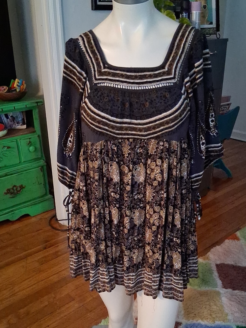 Free People Black and Tan Floral Peasant Tunic
